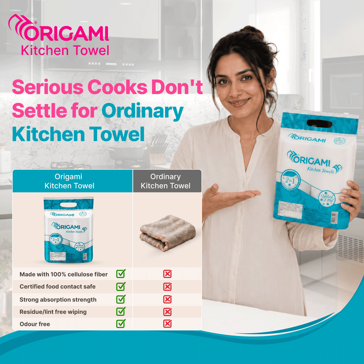 Origami Online Only Kitchen Tissues | 2 Ply | Pack of 6 | 60 Pulls Each