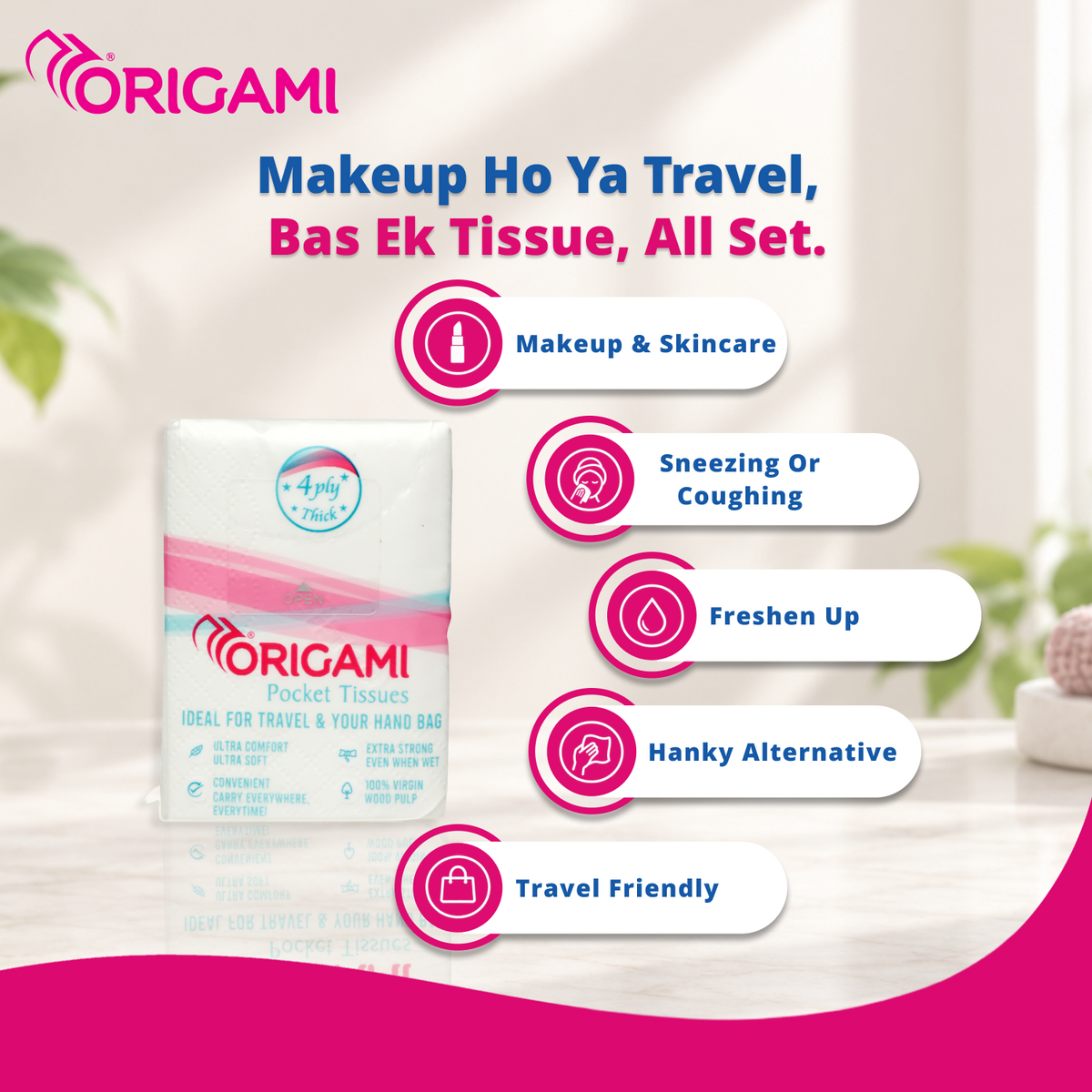 Origami Pocket Tissues | 4 Ply Soft and Strong | 84 Pulls, 12 Mini Packs x 7 Pulls | 100% Virgin Wood Pulp |