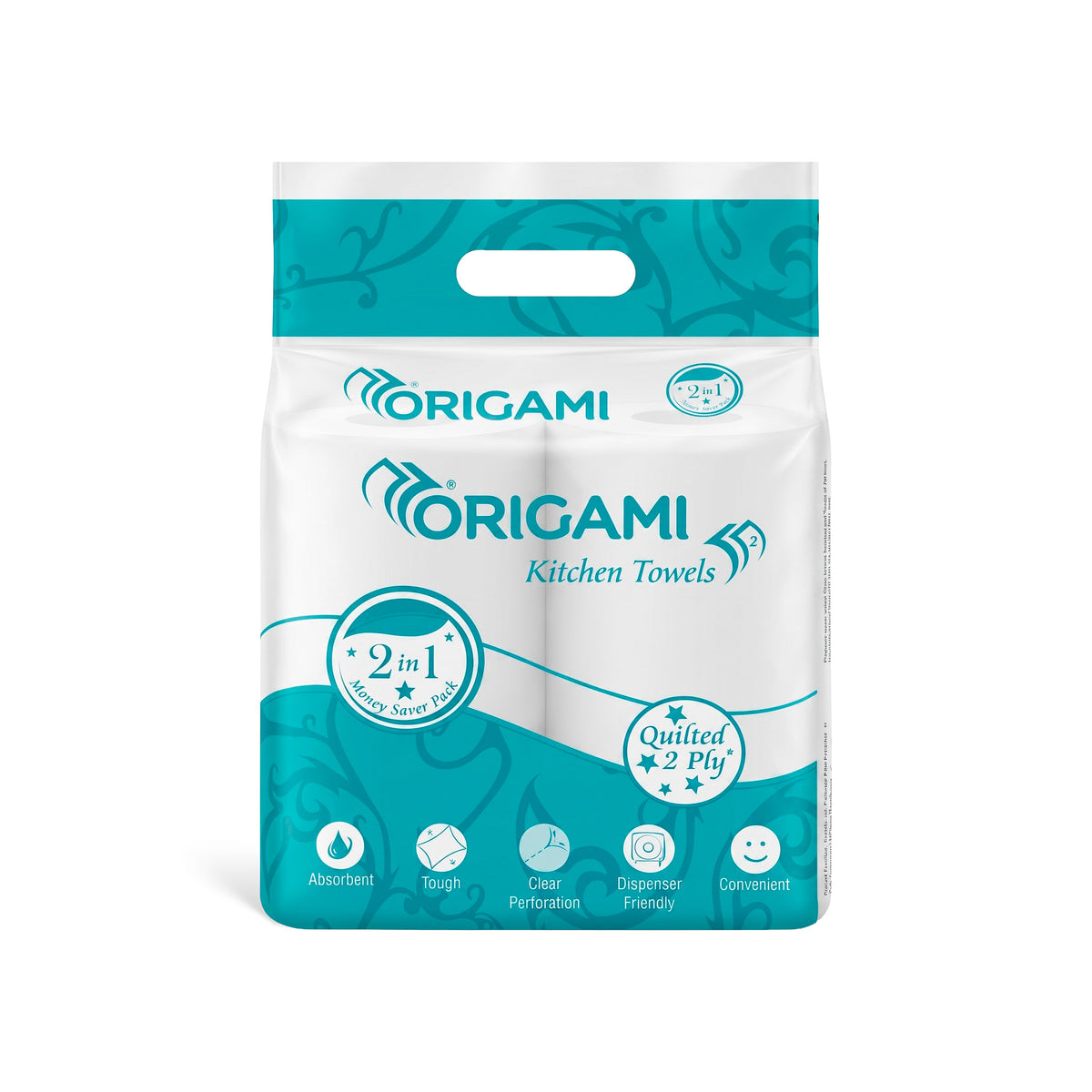 Origami 2 Ply, 2 in 1 Kitchen Tissue Paper Roll - Pack of 2 (60 Pulls Per Roll)