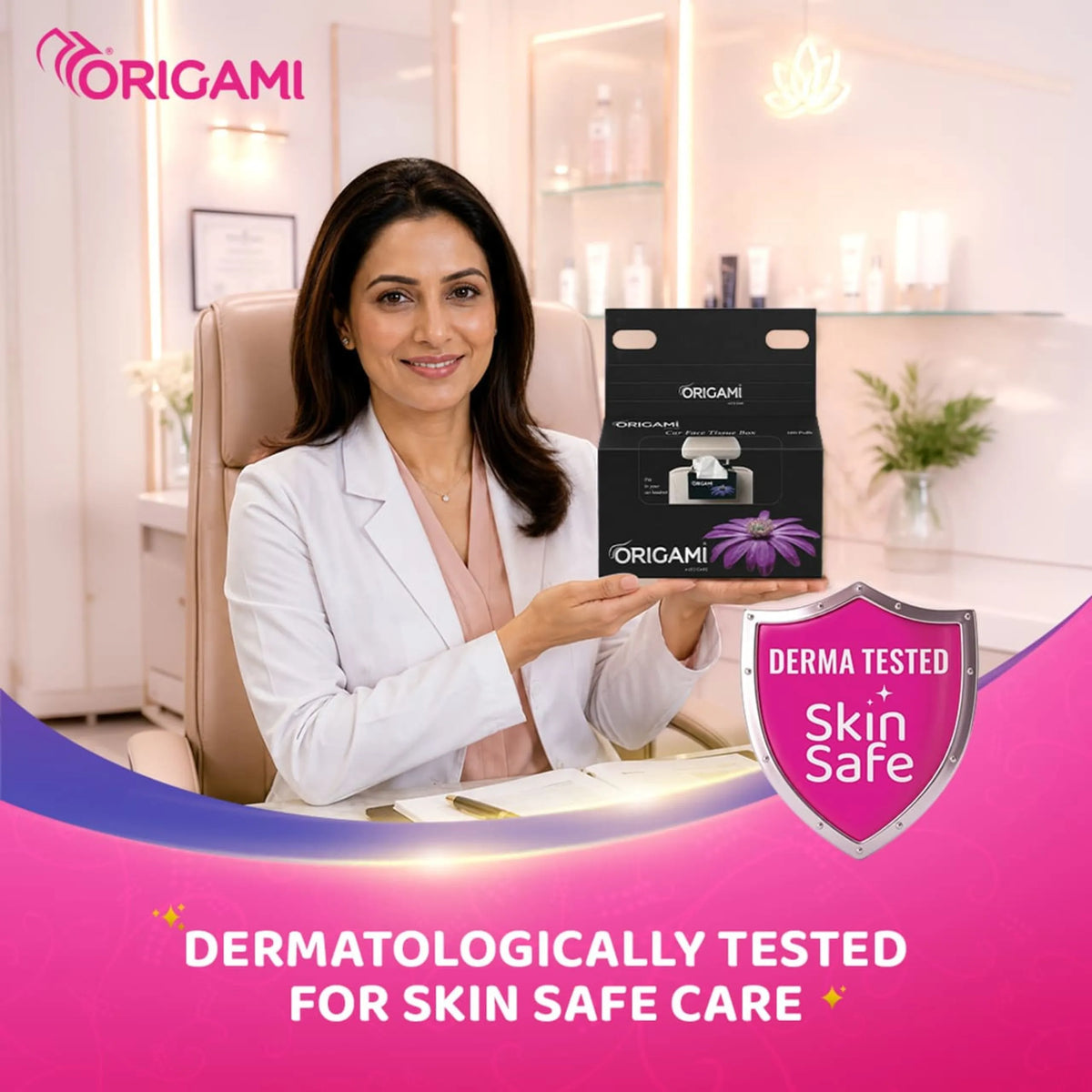 Origami Facial Tissue Car Box with Easy-Fit Headrest Hanger, 100 Pulls, 2 Ply, 15cm x 20cm
