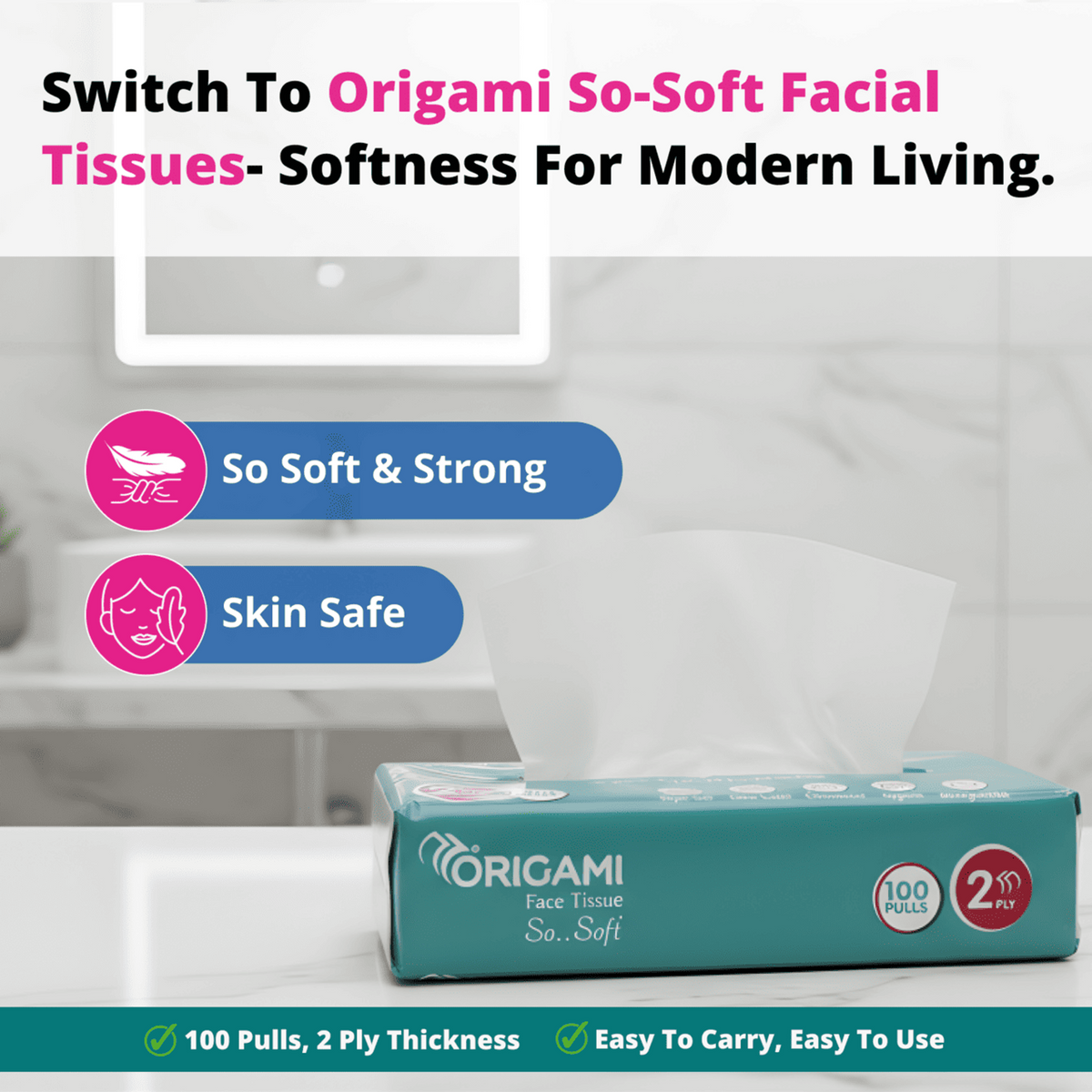Origami So Soft Facial Tissues | 2 Ply | Pack of 4 | 100 Pulls Each