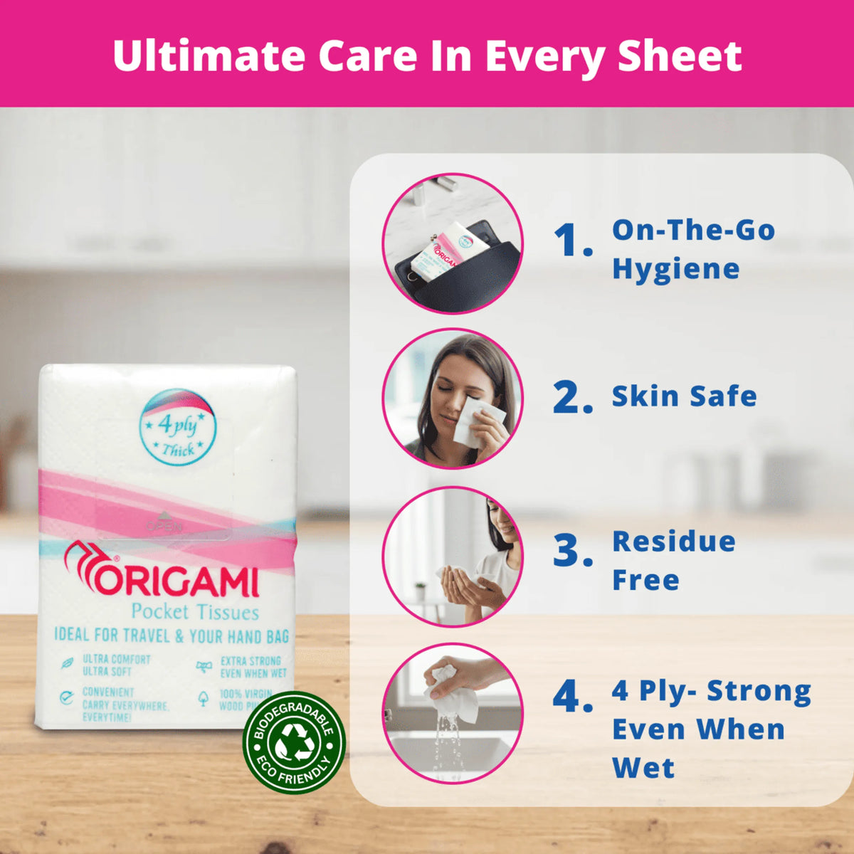 Origami Pocket Tissues | 4 Ply Soft and Strong | 84 Pulls, 12 Mini Packs x 7 Pulls | 100% Virgin Wood Pulp |