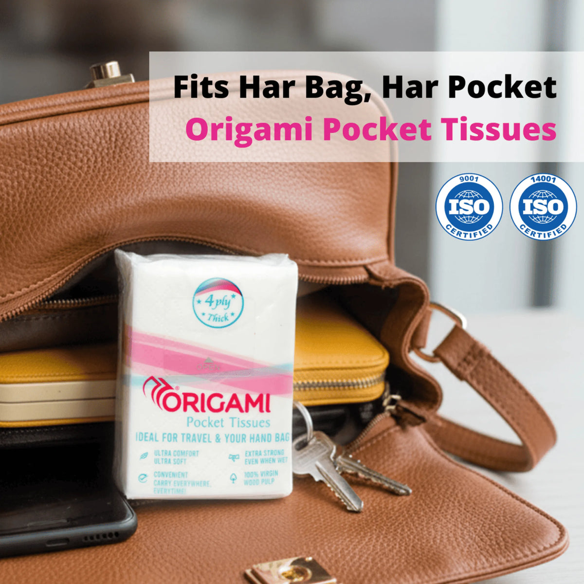 Origami Pocket Tissues | 4 Ply Soft and Strong | 84 Pulls, 12 Mini Packs x 7 Pulls | 100% Virgin Wood Pulp |