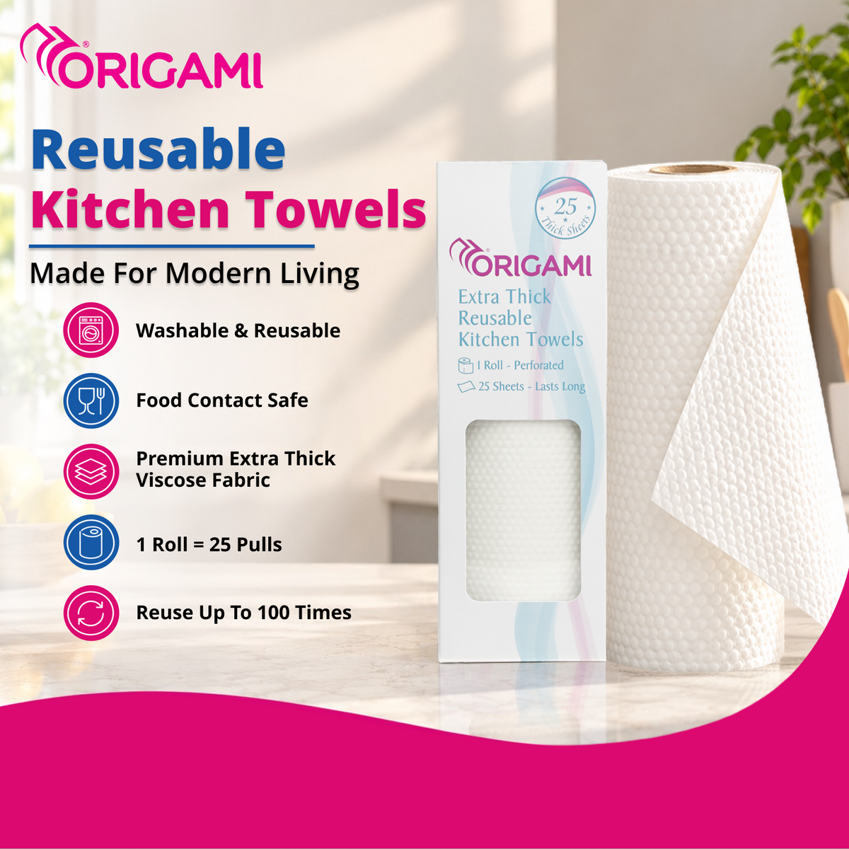 Origami Reusable Kitchen Towel Roll - 25 Sheets, Washable up to 2,500 Times