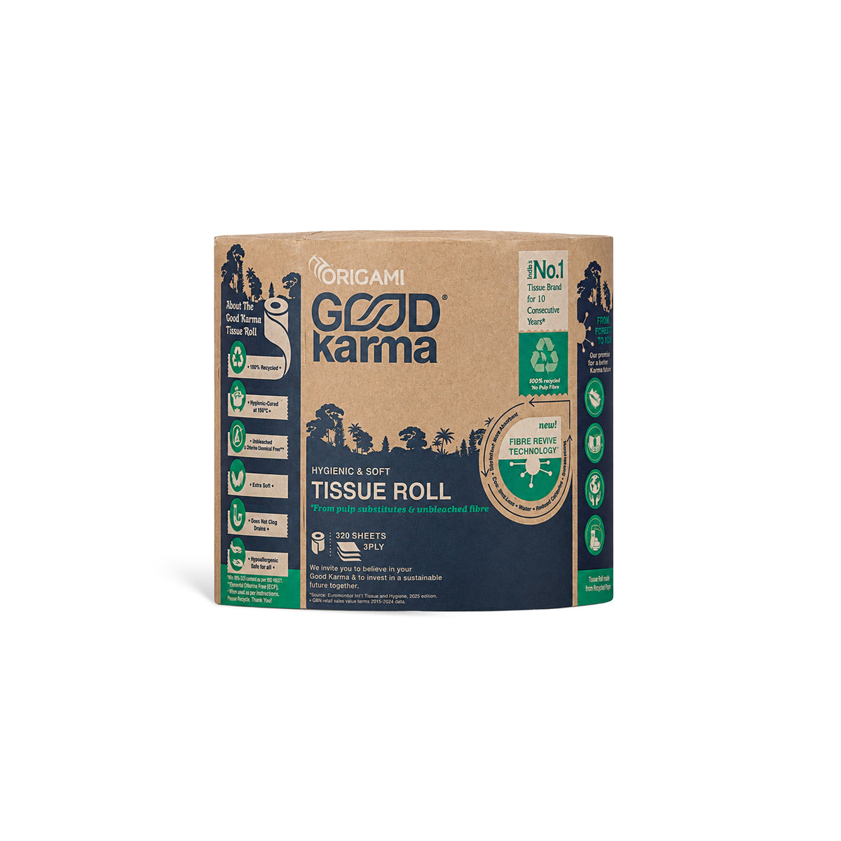 Good Karma Toilet Tissue Roll, 100 Sheets, 3 Ply, 9.5cm x 10cm