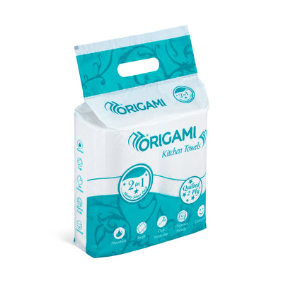 Origami 2 Ply, 2 in 1 Kitchen Tissue Paper Roll - Pack of 2 (60 Pulls Per Roll)
