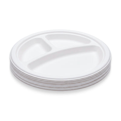 Bio Pulp Round Disposable Plates - 9 or 10 Inch | 3 CP, 3-compartment | Pack of 25