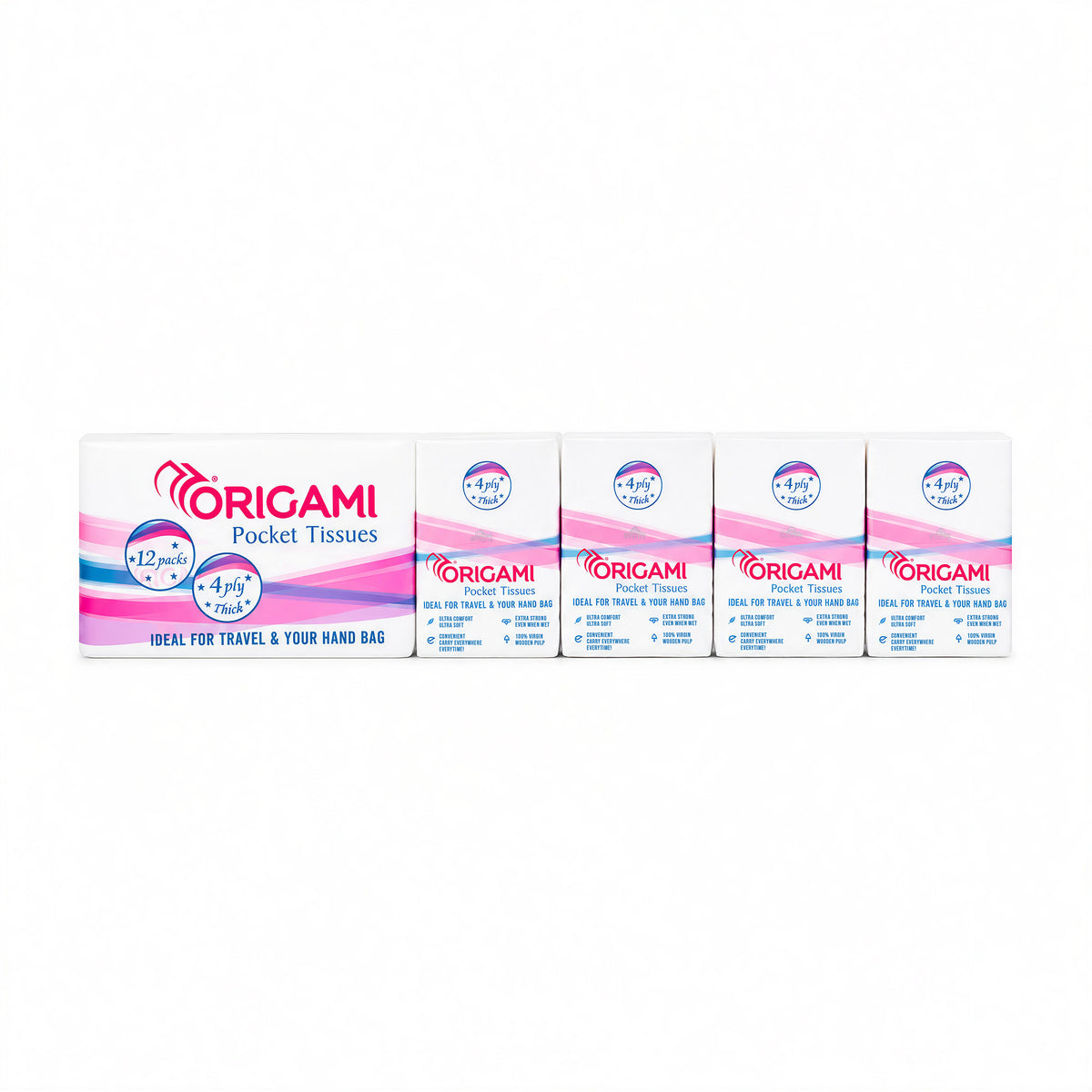 Origami Pocket Tissues | 4 Ply Soft and Strong | 84 Pulls, 12 Mini Packs x 7 Pulls | 100% Virgin Wood Pulp |