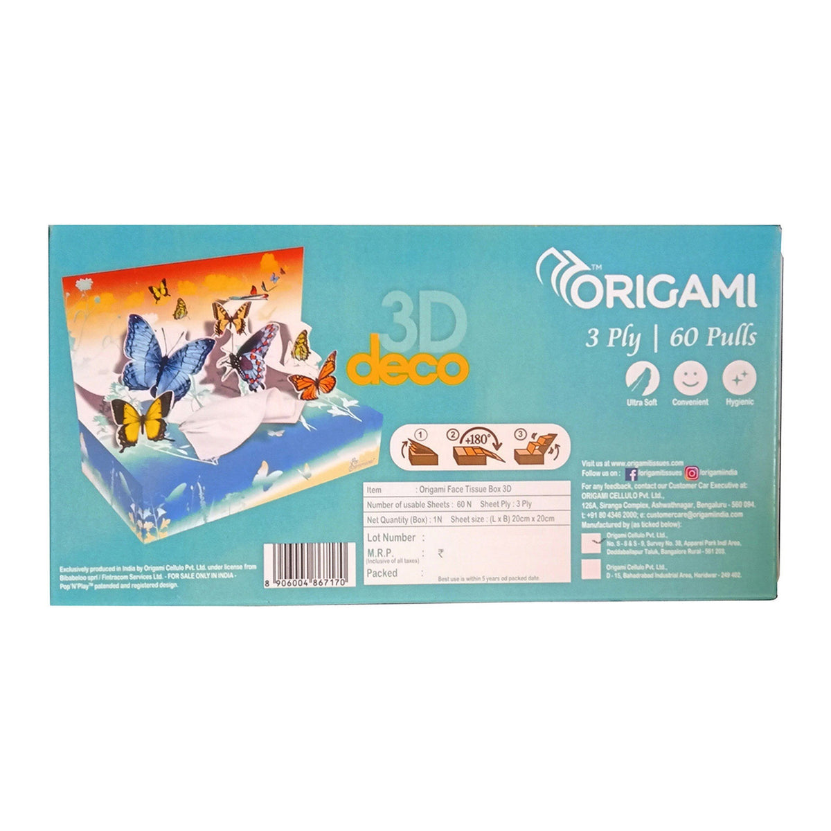 Origami 3D Pop up Face Tissues, 60 Pulls, 3 Ply, 20cm x 20cm