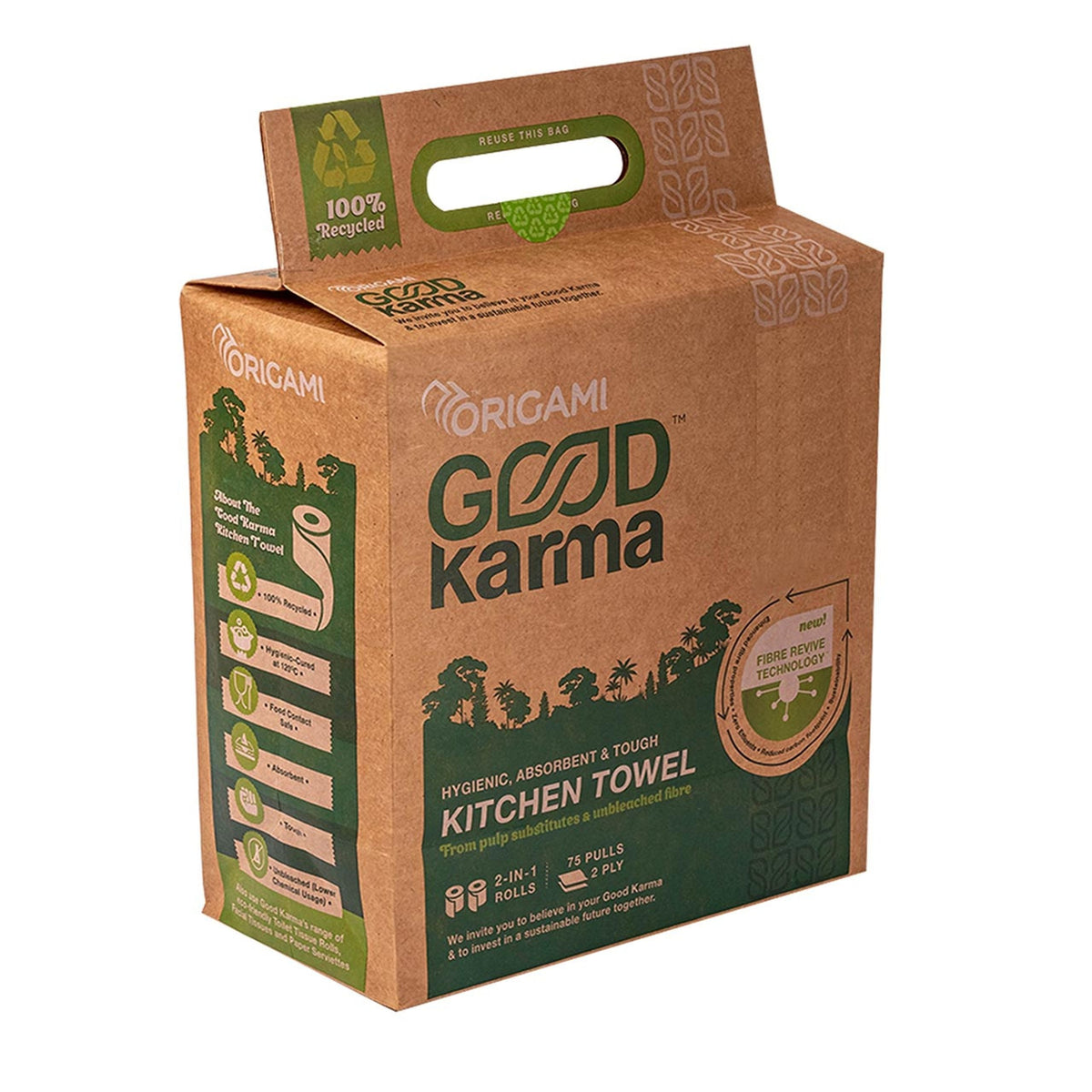 Good Karma 2 Ply Eco Friendly Unbleached Kitchen Tissue Paper Roll | 75 Pulls x 2 Packs