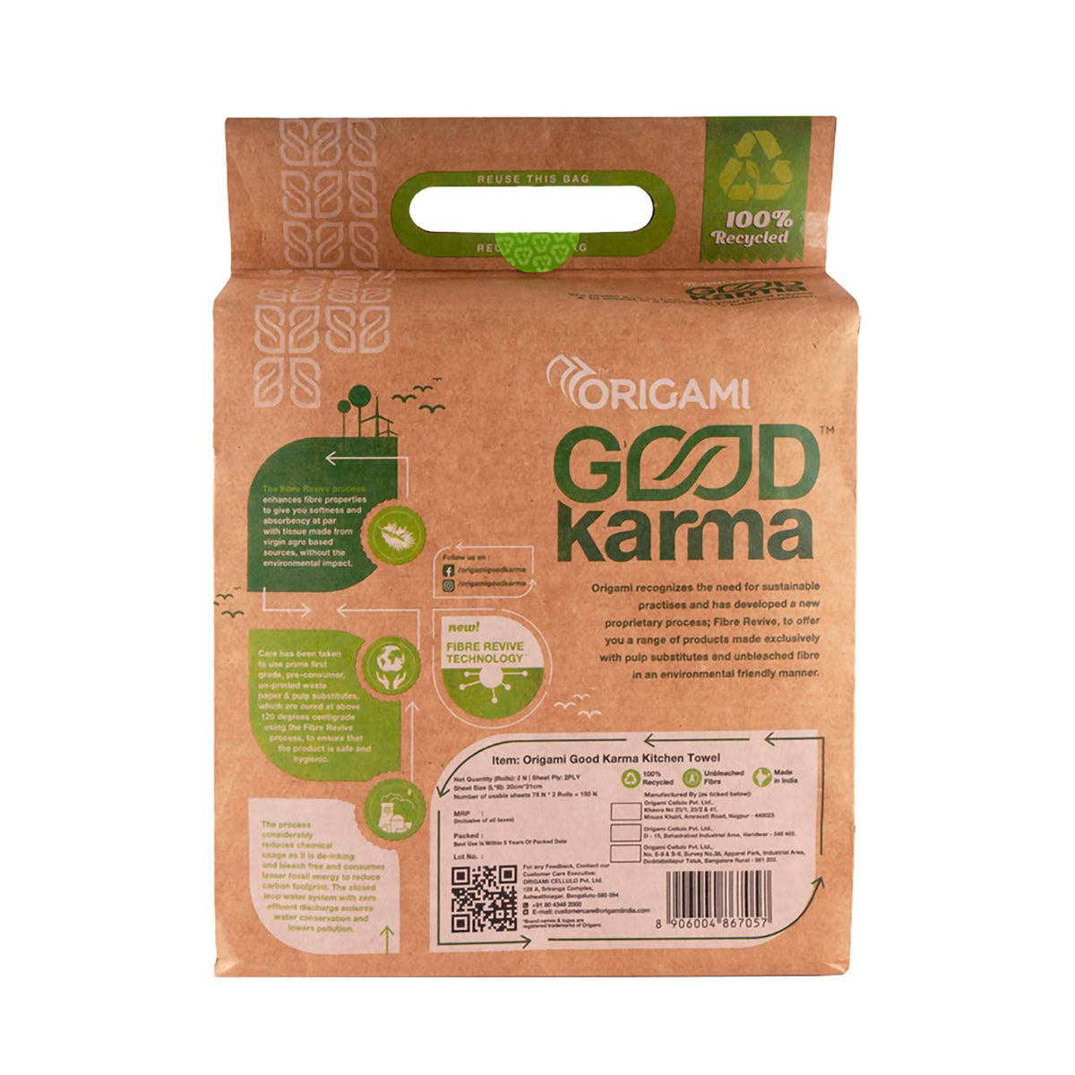 Good Karma 2 Ply Eco Friendly Unbleached Kitchen Tissue Paper Roll | 75 Pulls x 2 Packs