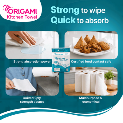 Origami 2 Ply, 2 in 1 Kitchen Tissue Paper Roll - Pack of 2 (60 Pulls Per Roll)