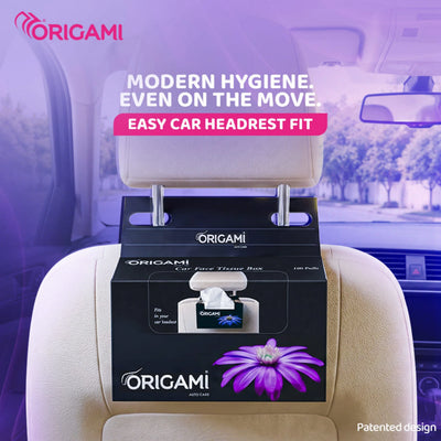 Origami Facial Tissue Car Box with Easy-Fit Headrest Hanger, 100 Pulls, 2 Ply, 15cm x 20cm
