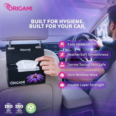 Origami Facial Tissue Car Box with Easy-Fit Headrest Hanger, 100 Pulls, 2 Ply, 15cm x 20cm