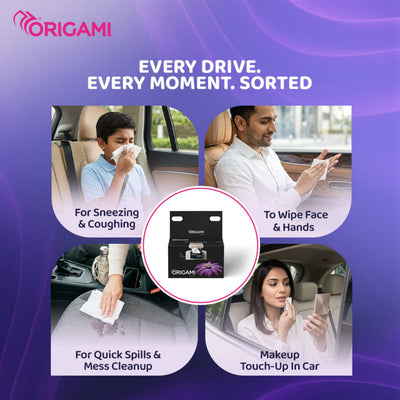 Origami Facial Tissue Car Box with Easy-Fit Headrest Hanger, 100 Pulls, 2 Ply, 15cm x 20cm