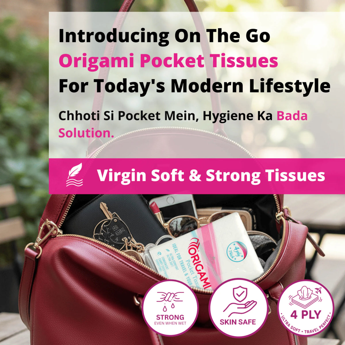 Origami Pocket Tissues | 4 Ply Soft and Strong | 84 Pulls, 12 Mini Packs x 7 Pulls | 100% Virgin Wood Pulp |
