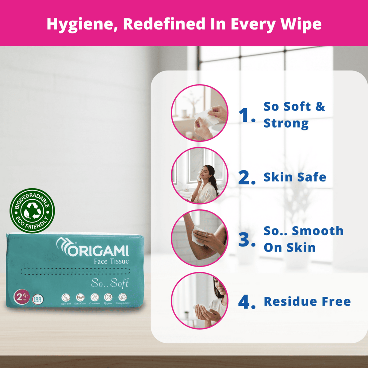 Origami So Soft Facial Tissues | 2 Ply | Pack of 4 | 100 Pulls Each