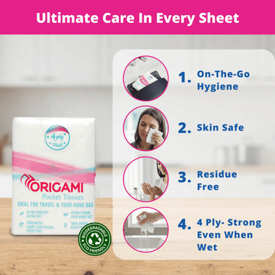 Origami Pocket Tissues | 4 Ply Soft and Strong | 84 Pulls, 12 Mini Packs x 7 Pulls | 100% Virgin Wood Pulp |