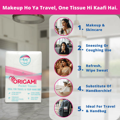 Origami Pocket Tissues | 4 Ply Soft and Strong | 84 Pulls, 12 Mini Packs x 7 Pulls | 100% Virgin Wood Pulp |